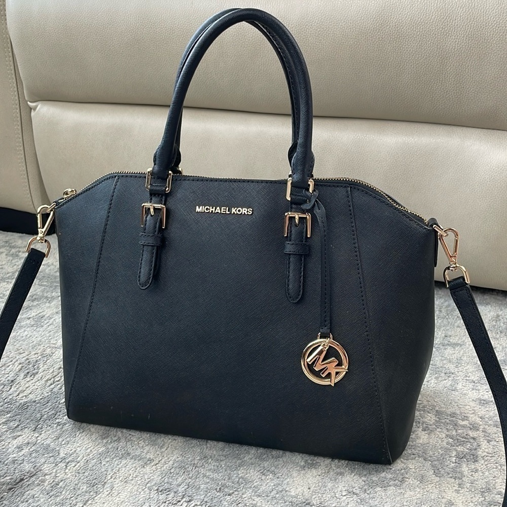 MICHAEL Michael Kors Ciara Saffiano Leather 2 Way Shoulder Bag Purse Black